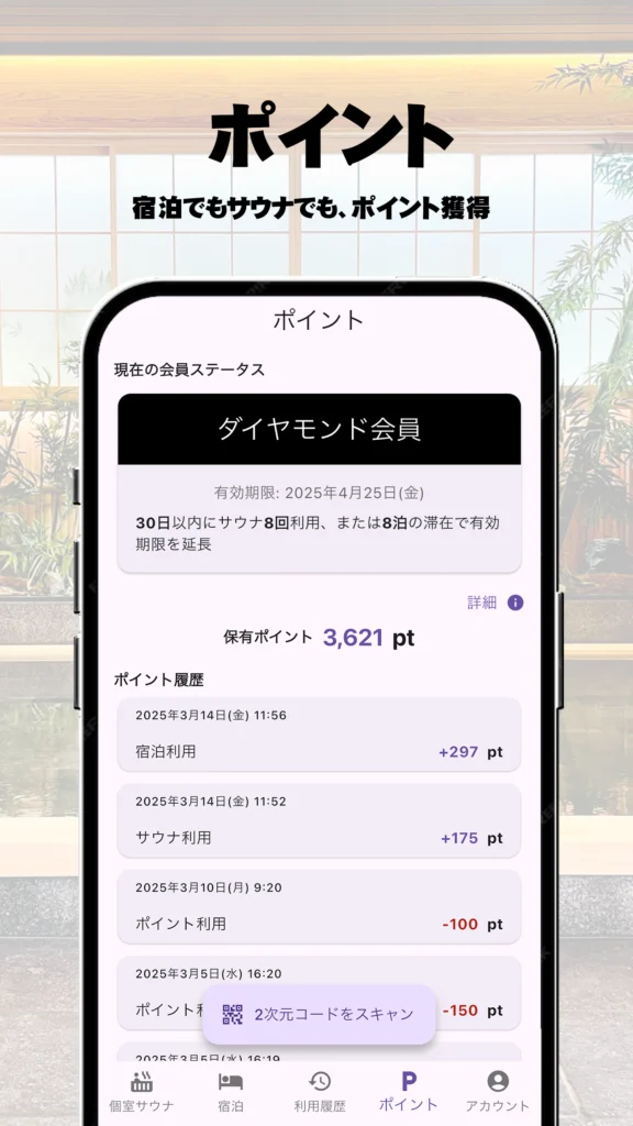 宿泊でもサウナでも、ポイント獲得